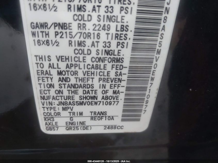 2014 Nissan Rogue Select S VIN: JN8AS5MV0EW710977 Lot: 43440128