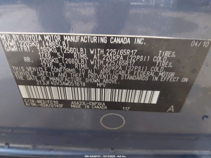 2010 Toyota Rav4 VIN: 2T3JF4DV3AW051618 Lot: 43440131