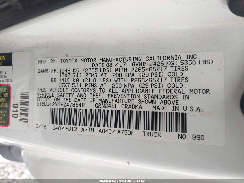 2008 Toyota Tacoma Base V6 VIN: 5TEUU42N08Z478548 Lot: 43440141