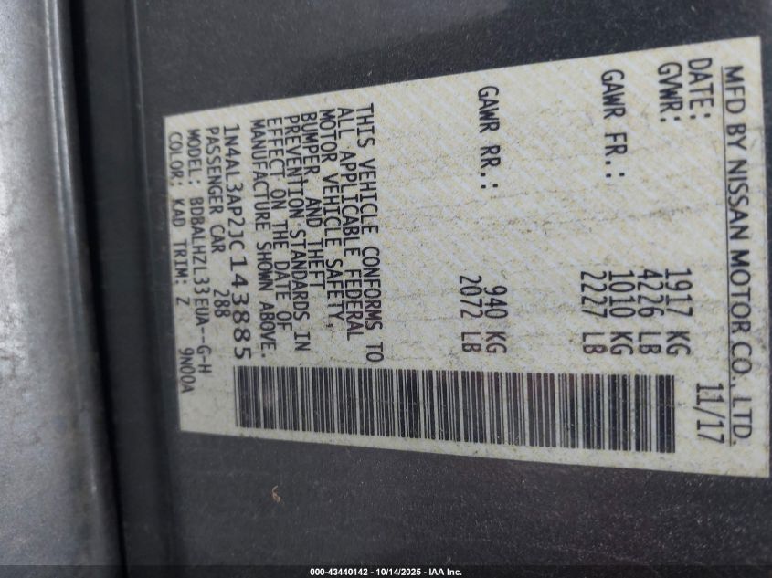 2018 Nissan Altima 2.5 Sr VIN: 1N4AL3AP2JC143885 Lot: 43440142