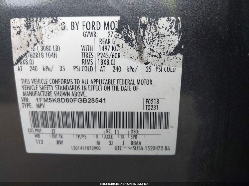 2015 Ford Explorer Xlt VIN: 1FM5K8D80FGB28541 Lot: 43440143