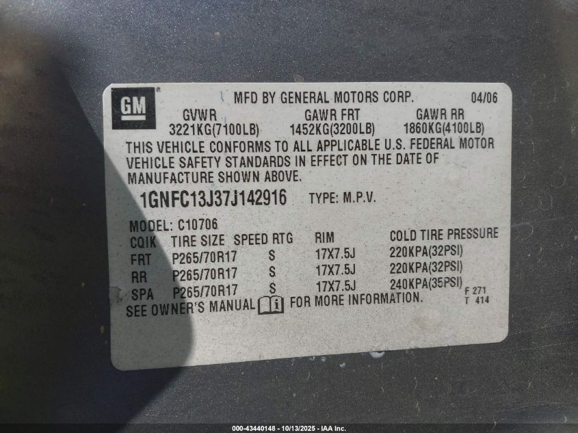 2007 Chevrolet Tahoe Lt VIN: 1GNFC13J37J142916 Lot: 43440148