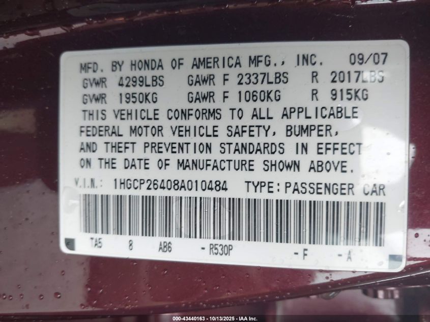 2008 Honda Accord 2.4 Lx-P VIN: 1HGCP26408A010484 Lot: 43440163