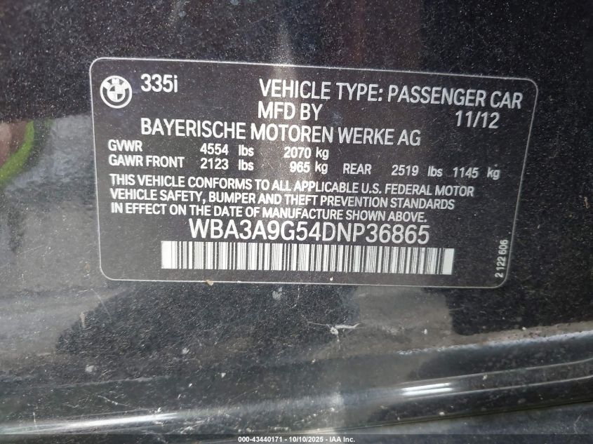 2013 BMW 335I VIN: WBA3A9G54DNP36865 Lot: 43440171