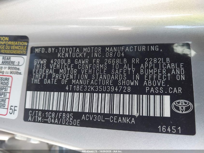 2005 Toyota Camry Le VIN: 4T1BE32K35U394728 Lot: 43440175