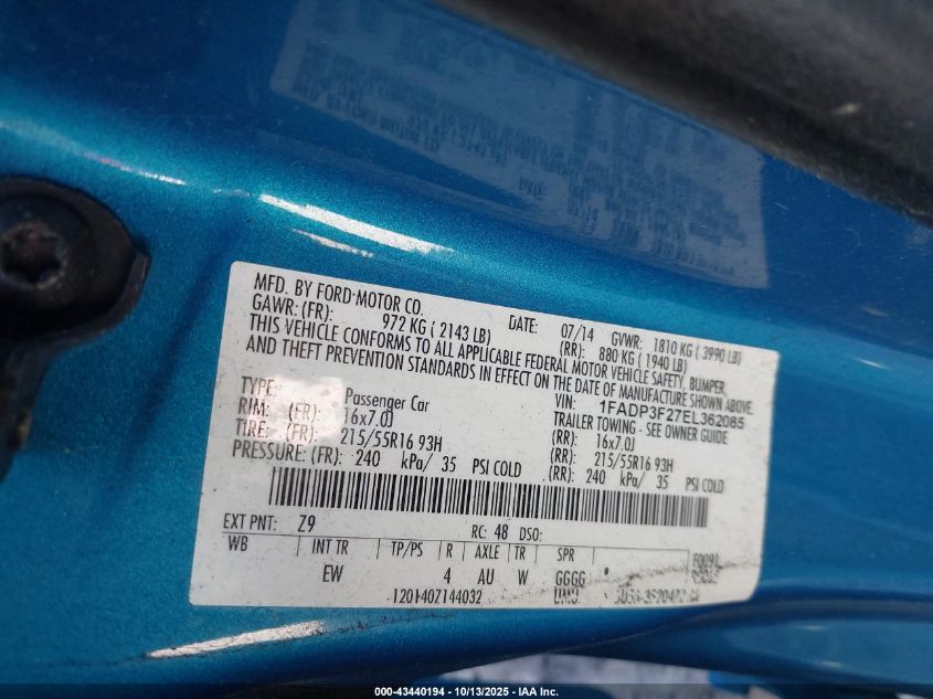 2014 Ford Focus Se VIN: 1FADP3F27EL362085 Lot: 43440194