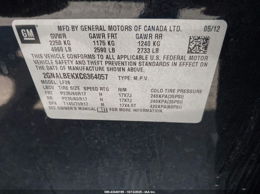 2012 Chevrolet Equinox Ls VIN: 2GNALBEKXC6364057 Lot: 43440199