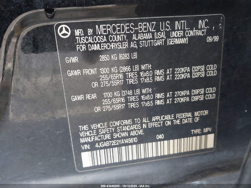 2000 Mercedes-Benz Ml 430 VIN: 4JGAB72E2YA145610 Lot: 43440200