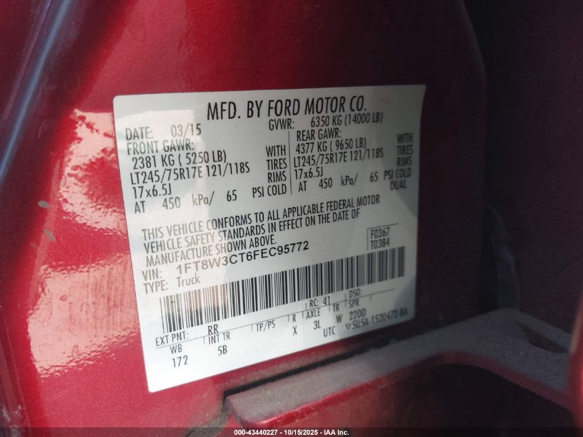 2015 Ford F-350 Lariat VIN: 1FT8W3CT6FEC95772 Lot: 43440227
