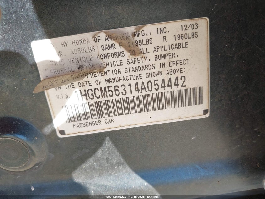 2004 Honda Accord 2.4 Lx VIN: 1HGCM56314A054442 Lot: 43440230