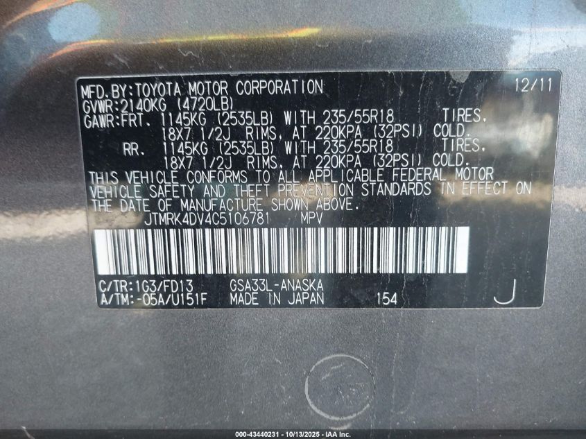 2012 Toyota Rav4 Sport V6 VIN: JTMRK4DV4C5106781 Lot: 43440231