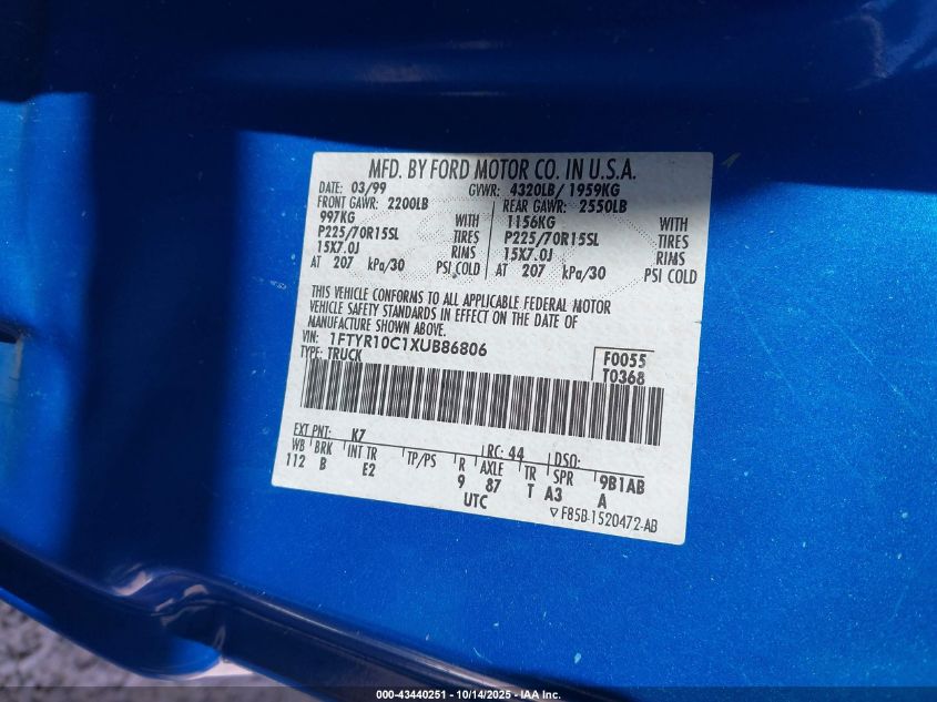 1999 Ford Ranger Xl/Xlt VIN: 1FTYR10C1XUB86806 Lot: 43440251