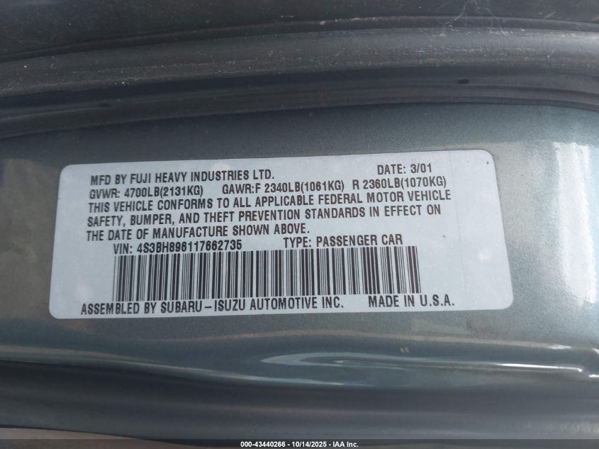 2001 Subaru Outback H6-3.0 VIN: 4S3BH896117662735 Lot: 43440266