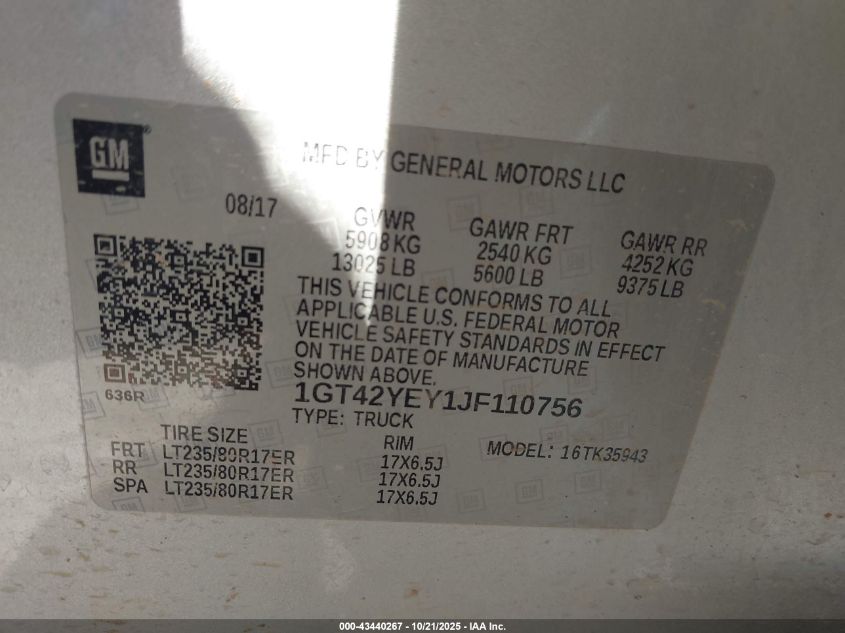 2018 GMC Sierra 3500Hd Denali VIN: 1GT42YEY1JF110756 Lot: 43440267