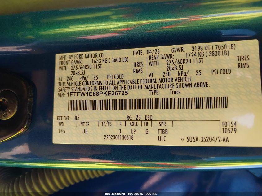 2023 Ford F-150 Lariat VIN: 1FTFW1E88PKE26725 Lot: 43440278