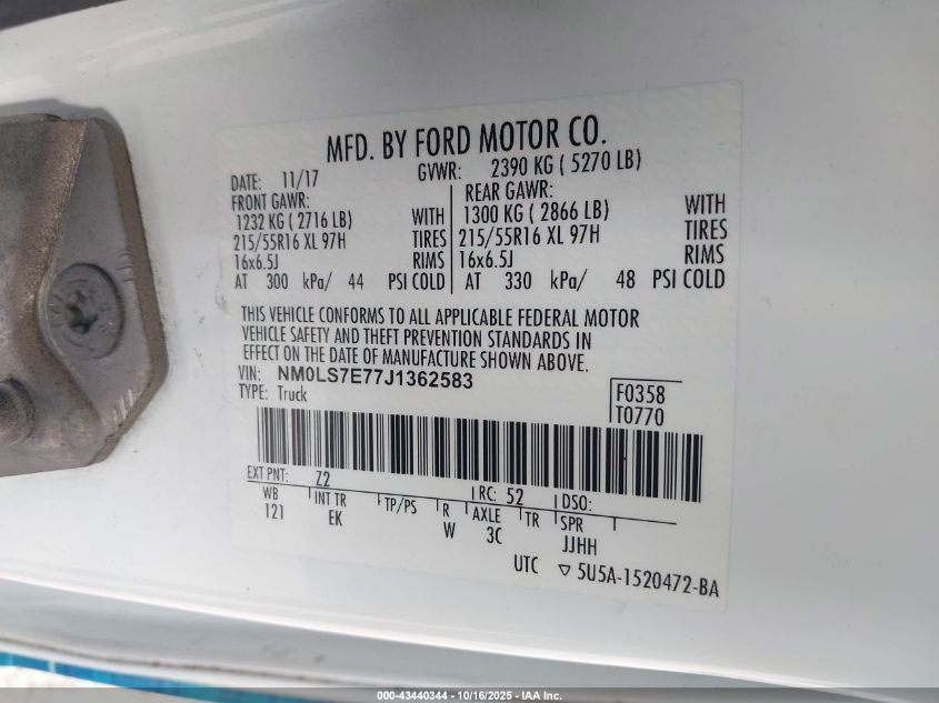 2018 Ford Transit Connect Xl VIN: NM0LS7E77J1362583 Lot: 43440344