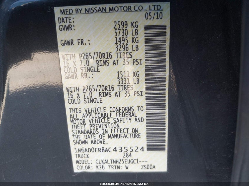 2010 Nissan Frontier Se VIN: 1N6AD0ER8AC435524 Lot: 43440349