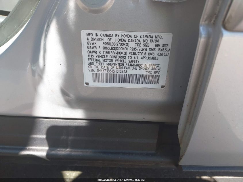 2005 Honda Pilot Ex-L VIN: 2HKYF18515H515848 Lot: 43440354