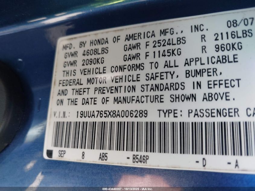 2008 Acura Tl Type S VIN: 19UUA765X8A006289 Lot: 43440357