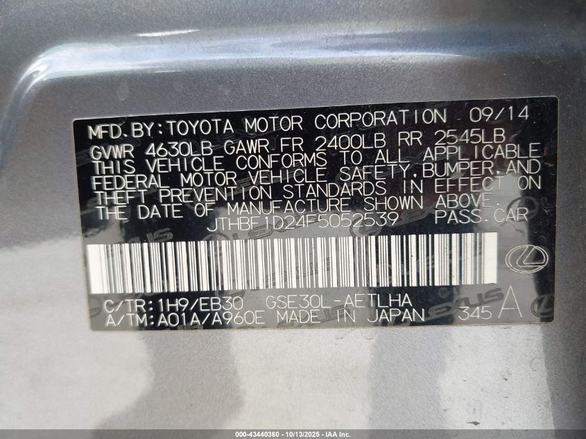 2015 Lexus Is 250 VIN: JTHBF1D24F5052539 Lot: 43440360