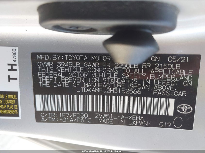 JTDKAMFU2M3152566 2021 TOYOTA PRIUS photo no. 9