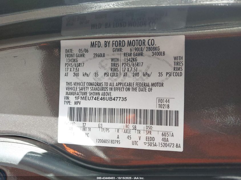 2006 Ford Explorer Eddie Bauer VIN: 1FMEU74E46UB47735 Lot: 43440403