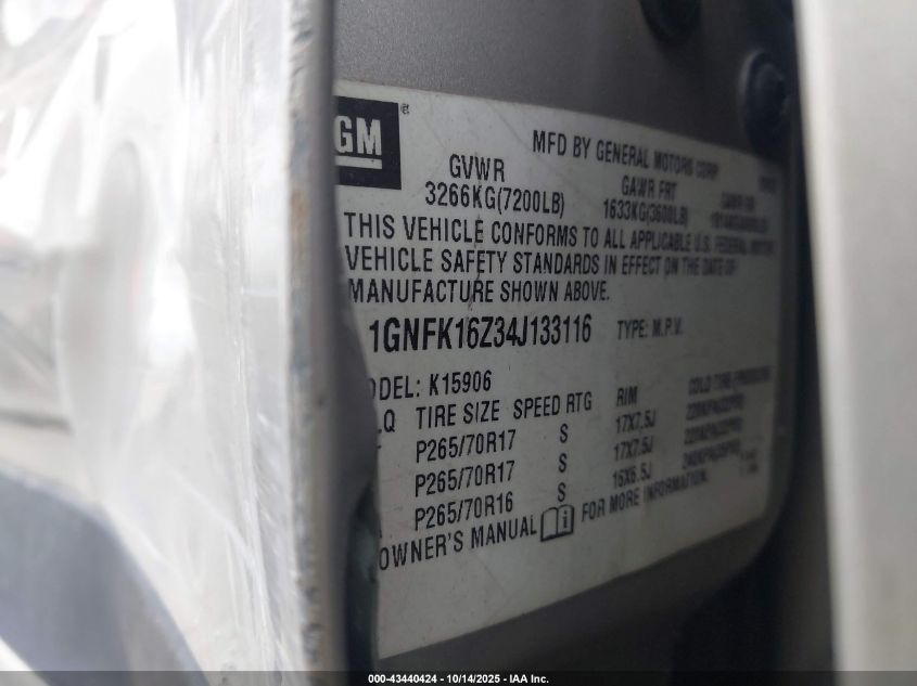 2004 Chevrolet Suburban 1500 Ls VIN: 1GNFK16Z34J133116 Lot: 43440424