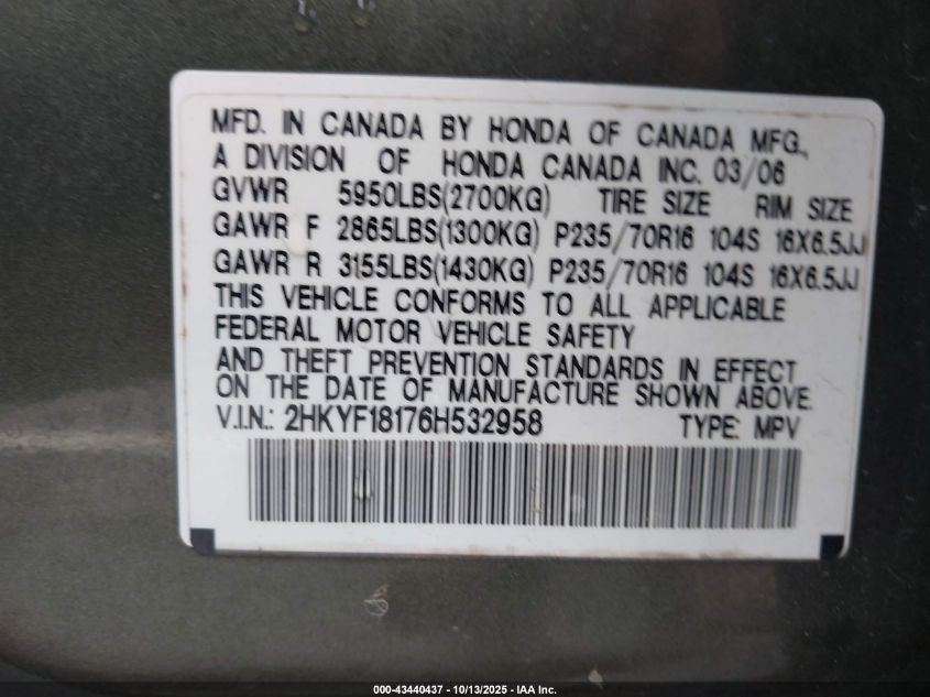 2006 Honda Pilot Lx VIN: 2HKYF18176H532958 Lot: 43440437