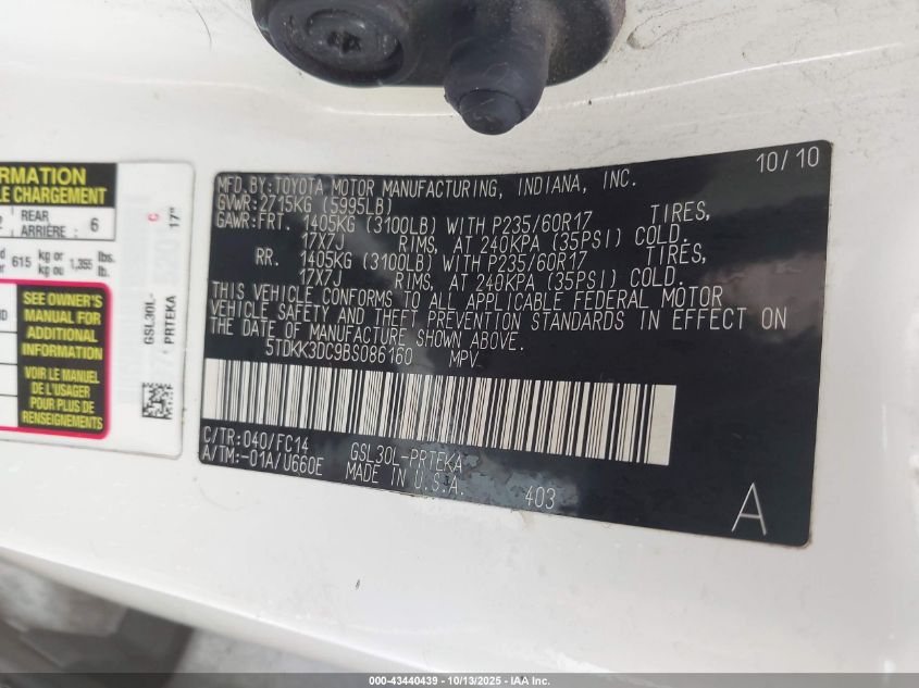 2011 Toyota Sienna Le V6/Le V6 Auto Access Seat VIN: 5TDKK3DC9BS086160 Lot: 43440439