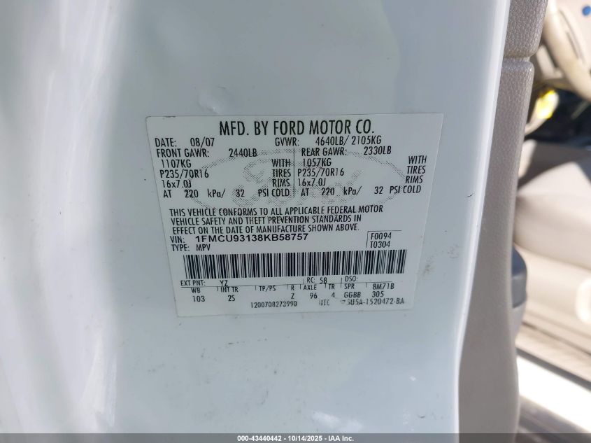 2008 Ford Escape Xlt VIN: 1FMCU93138KB58757 Lot: 43440442