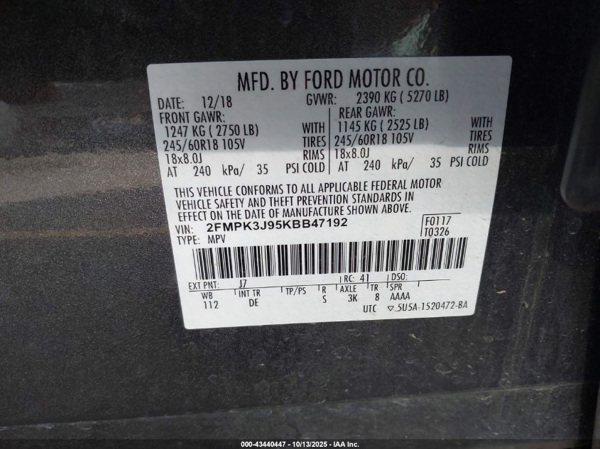 2019 Ford Edge Sel VIN: 2FMPK3J95KBB47192 Lot: 43440447