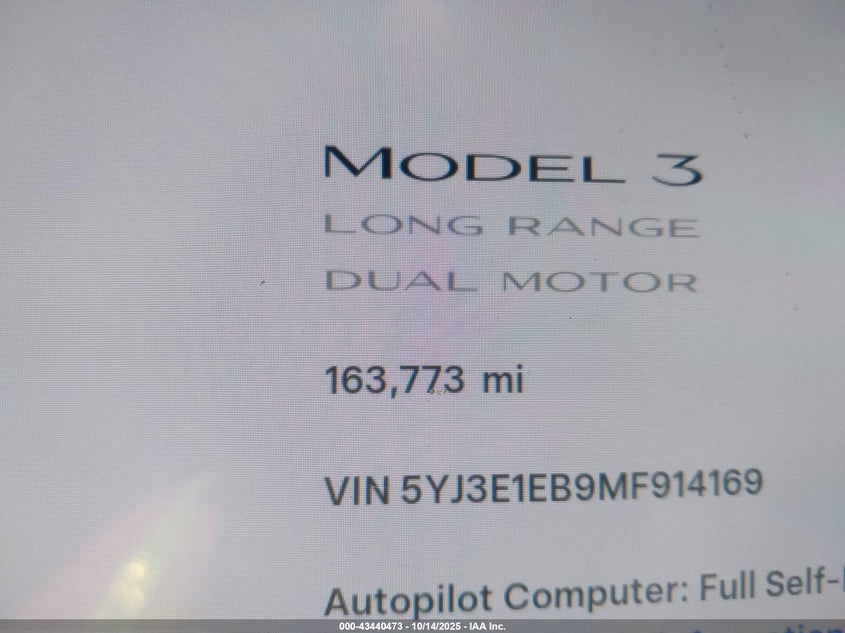 2021 Tesla Model 3 Long Range Dual Motor All-Wheel Drive VIN: 5YJ3E1EB9MF914169 Lot: 43440473