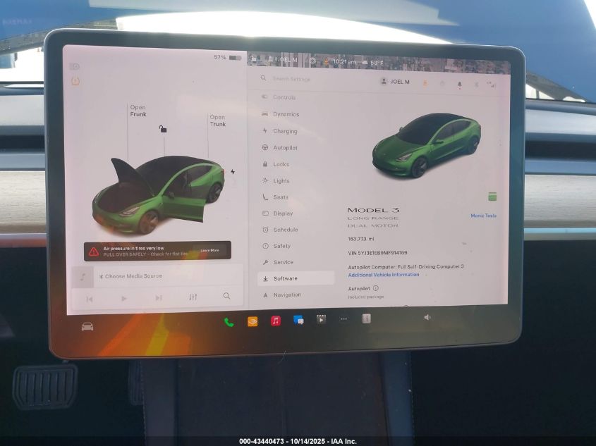 2021 Tesla Model 3 Long Range Dual Motor All-Wheel Drive VIN: 5YJ3E1EB9MF914169 Lot: 43440473