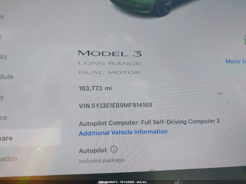 2021 Tesla Model 3 Long Range Dual Motor All-Wheel Drive VIN: 5YJ3E1EB9MF914169 Lot: 43440473