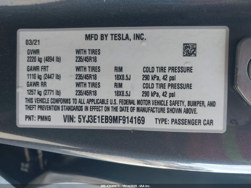 2021 Tesla Model 3 Long Range Dual Motor All-Wheel Drive VIN: 5YJ3E1EB9MF914169 Lot: 43440473