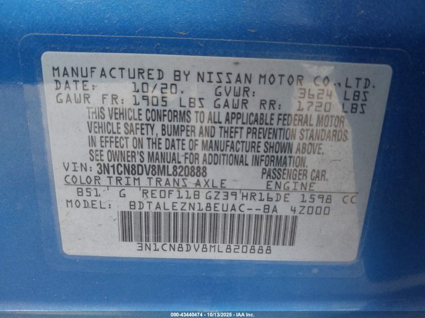 2021 Nissan Versa S Xtronic Cvt VIN: 3N1CN8DV8ML820888 Lot: 43440474