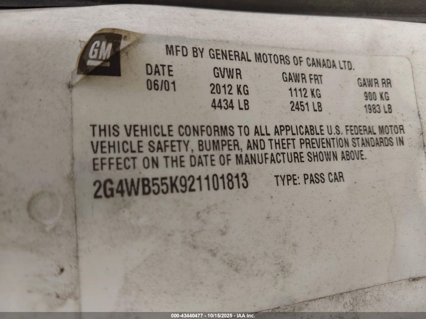 2002 Buick Regal Ls VIN: 2G4WB55K921101813 Lot: 43440477