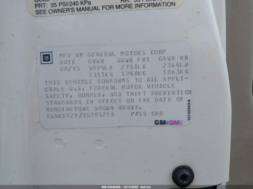 1996 Cadillac Deville VIN: 1G6KD52Y2TU205218 Lot: 43440480