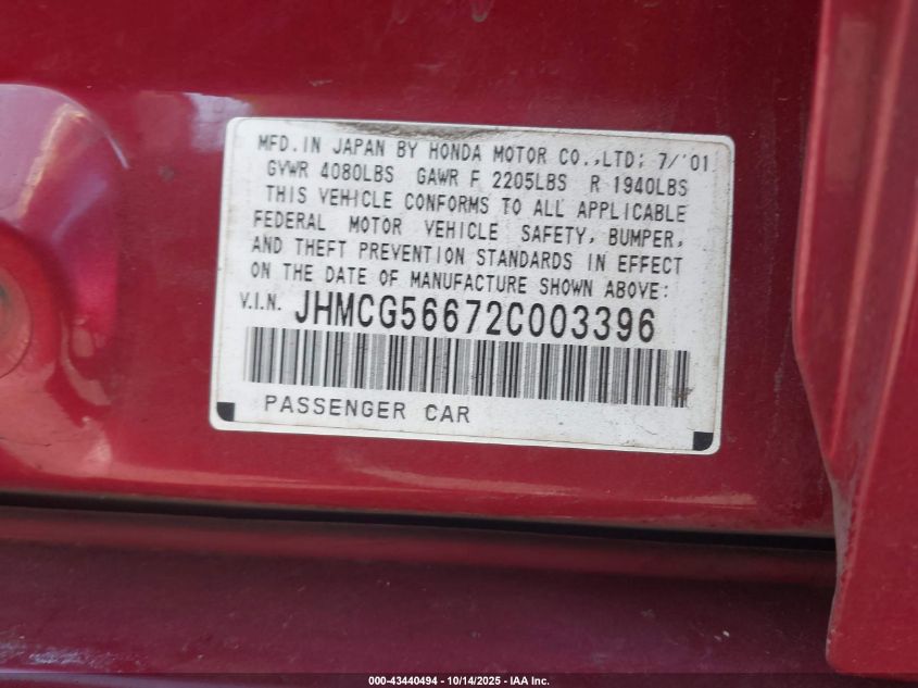 2002 Honda Accord 2.3 Ex VIN: JHMCG56672C003396 Lot: 43440494