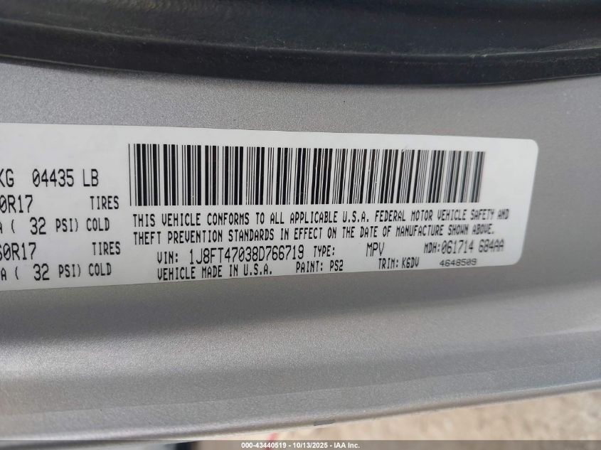 2008 Jeep Compass Sport VIN: 1J8FT47038D766719 Lot: 43440519
