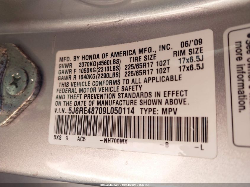 2009 Honda Cr-V Ex-L VIN: 5J6RE48709L050114 Lot: 43440525