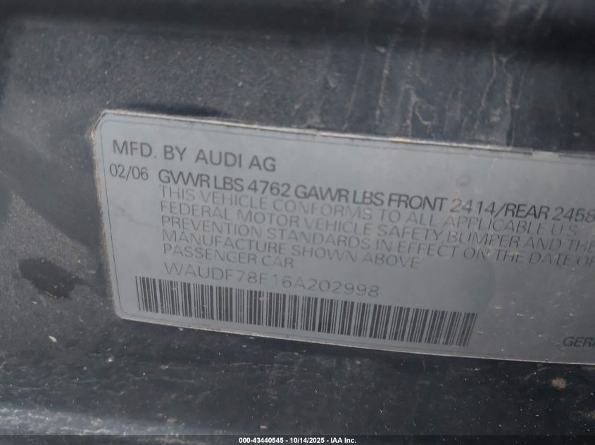 2006 Audi A4 2.0T VIN: WAUDF78E16A202998 Lot: 43440545