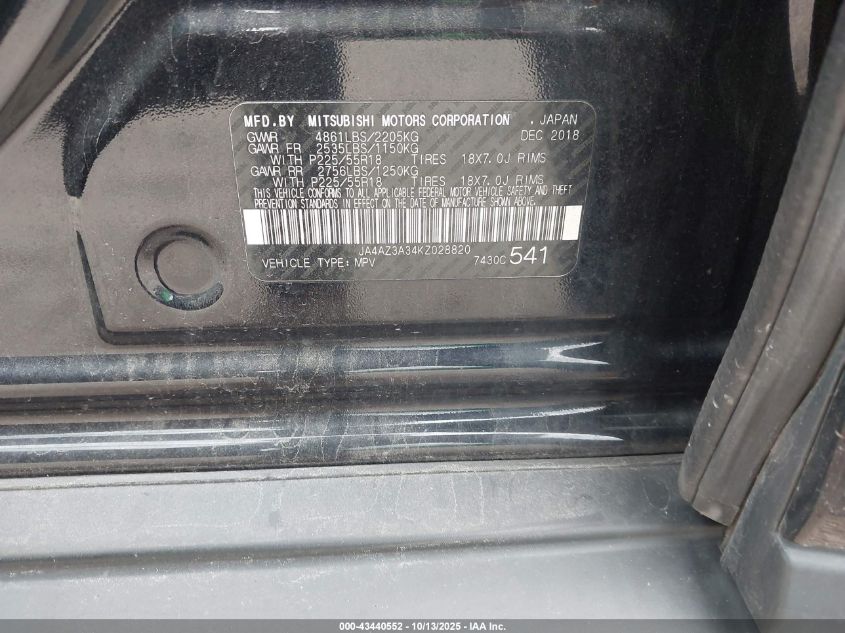 2019 Mitsubishi Outlander Le VIN: JA4AZ3A34KZ028820 Lot: 43440552