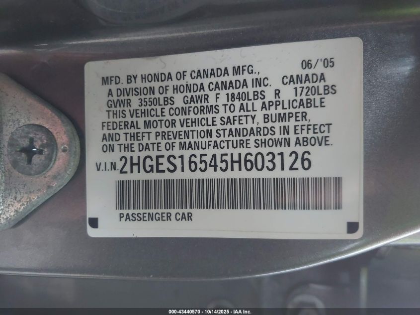 2005 Honda Civic Lx VIN: 2HGES16545H603126 Lot: 43440570