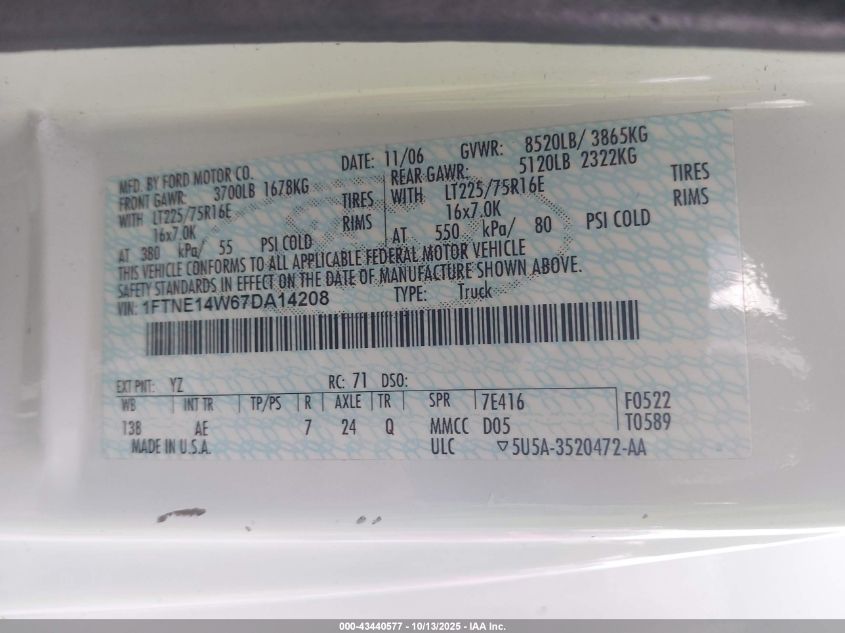 2007 Ford E-150 Commercial/Recreational VIN: 1FTNE14W67DA14208 Lot: 43440577