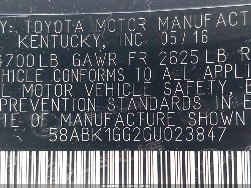 2016 Lexus Es 350 VIN: 58ABK1GG2GU023847 Lot: 43440581