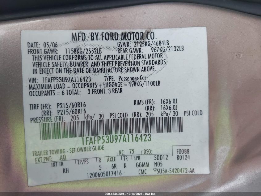 2007 Ford Taurus Se VIN: 1FAFP53U97A116423 Lot: 43440594