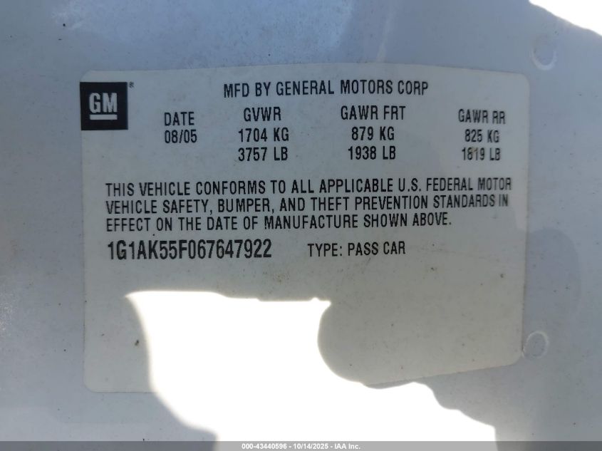 2006 Chevrolet Cobalt Ls VIN: 1G1AK55F067647922 Lot: 43440596