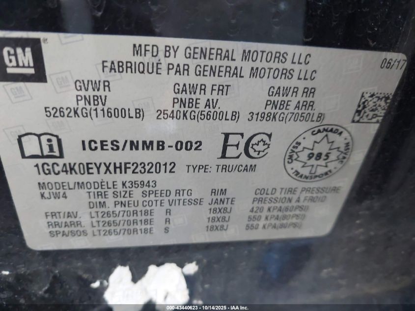 2017 Chevrolet Silverado 3500Hd Ltz VIN: 1GC4K0EYXHF232012 Lot: 43440623