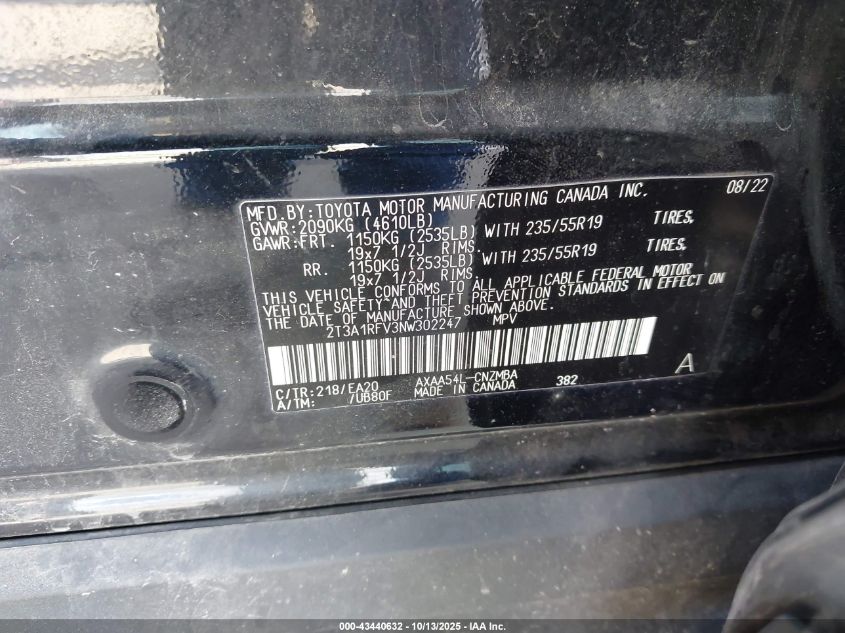 2022 Toyota Rav4 Xle Premium VIN: 2T3A1RFV3NW302247 Lot: 43440632